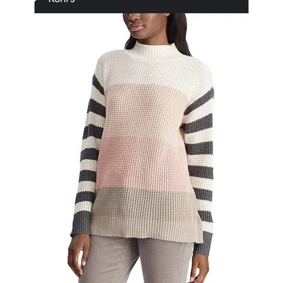 Chaps Women's 2X Pullover Sweater Waffle Knit Tunic Color Block Stripe Pink Gray - Picture 1 of 7